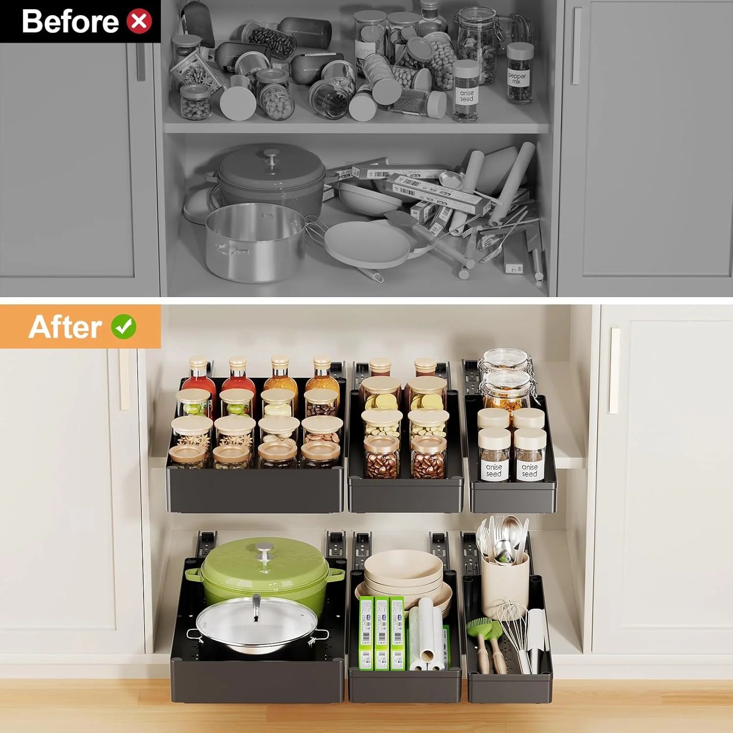 3 Pack Pull Out Cabinet Organizer, 15.7 Deep Drawers (Black) M1481