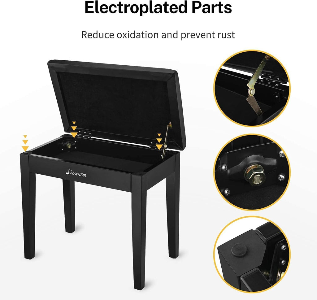 Black Solid Wood Piano Bench with Storage P895345