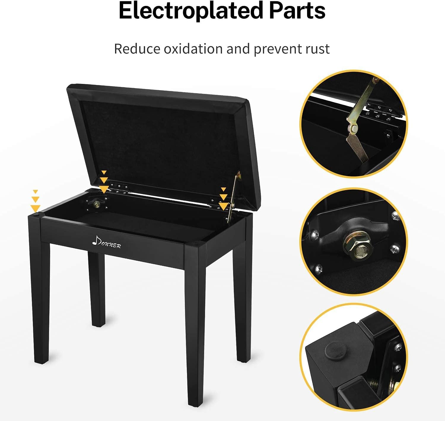 Black Solid Wood Piano Bench with Storage P895345