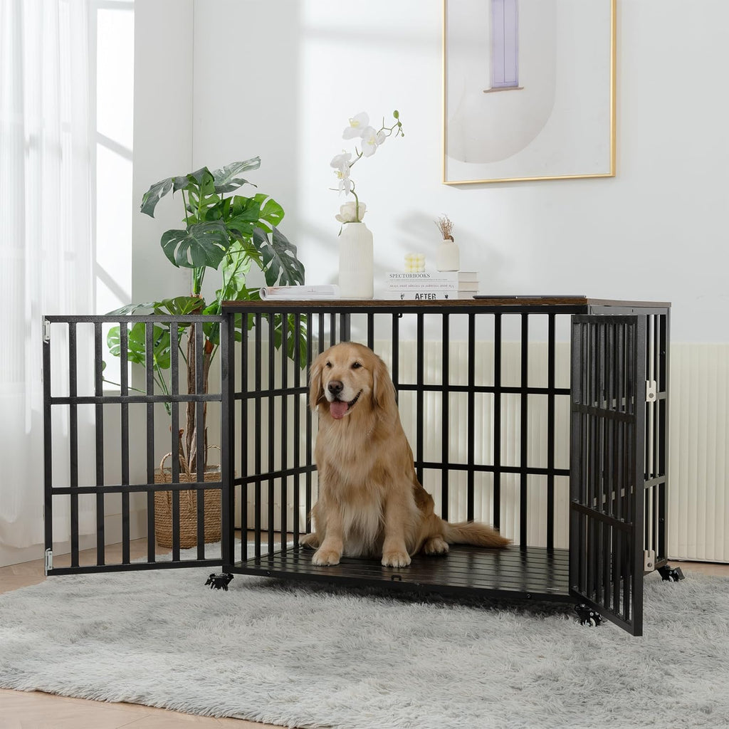 42" Heavy Duty Dog Crate with 4 Lockable Wheels and 2 Locks M784