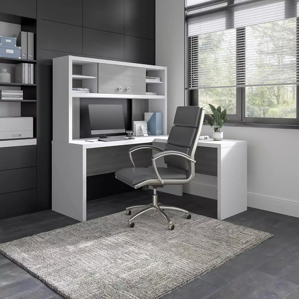 L-Shaped Desk with Hutch in Pure White & Gray I26701