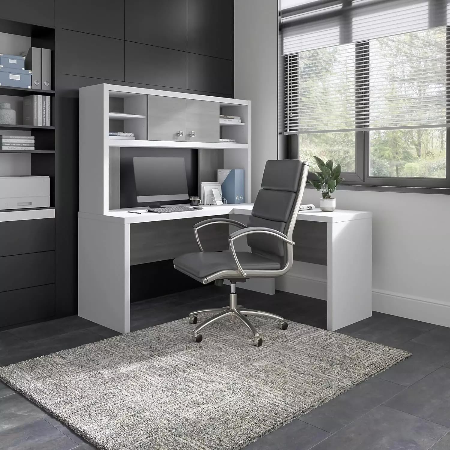 L-Shaped Desk with Hutch in Pure White & Gray I26701