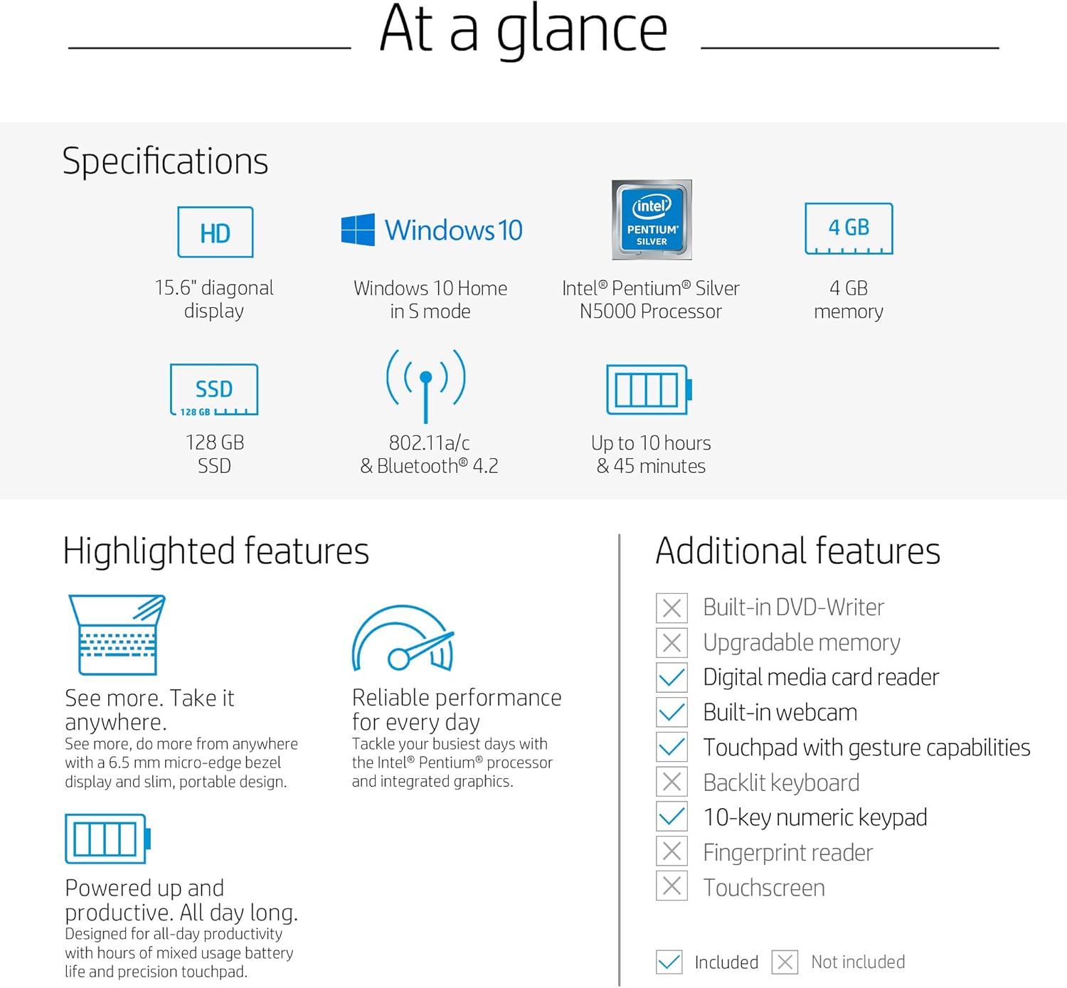 15.6in Laptop Intel Pentium Quad-Core N5000 4GB RAM 500GB Hard Drive Windows 10 S Renewed X7689