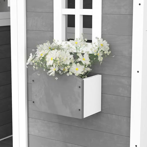 Gray Wooden Playhouse with Floor, Door, Windows & Planter Box F3061