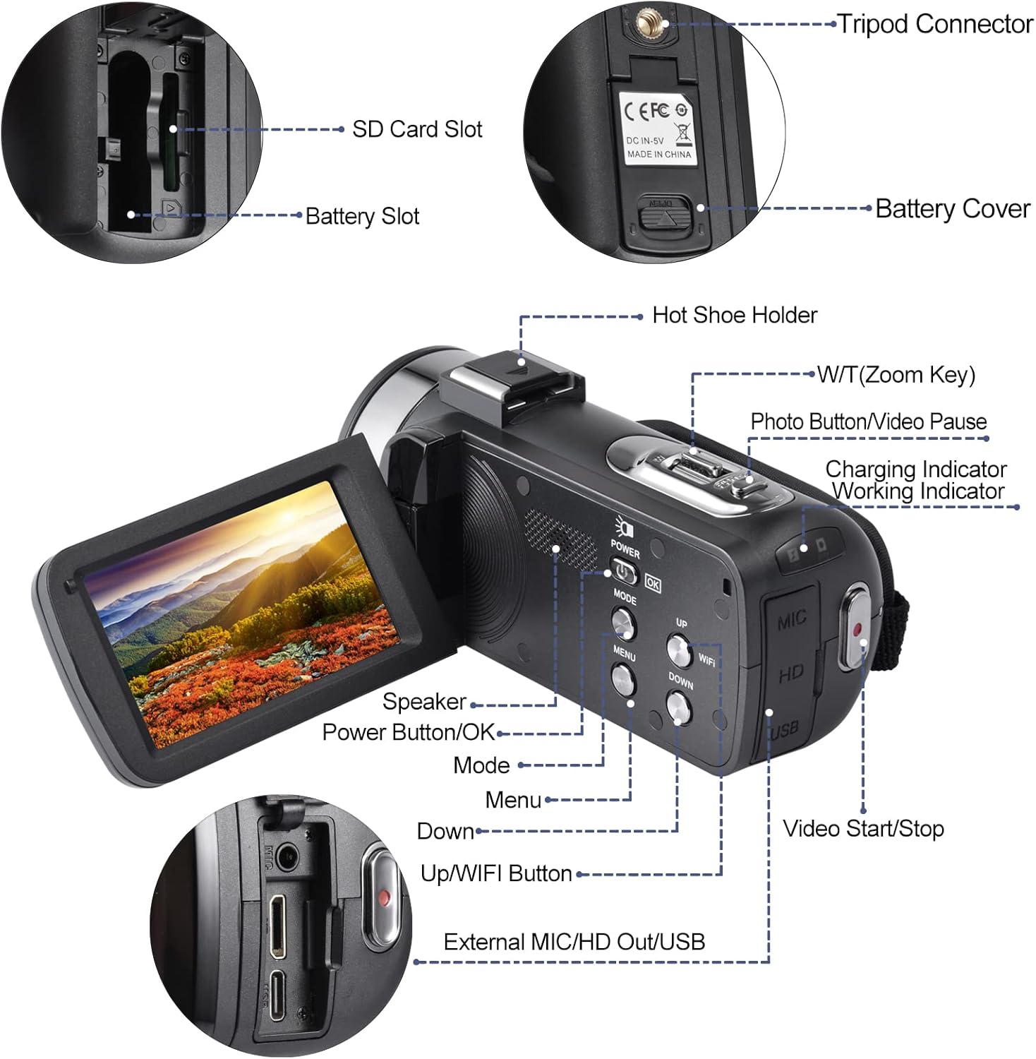 4K 48MP 3.0 Inch IPS Touch Screen Camcorder with Microphone and 2 Batteries (Black) G724213