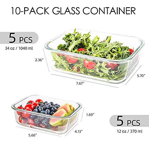 10 Pack Glass Food Storage Containers with Lids, Airtight, Leak Proof, Microwave & Freezer Safe (34oz & 12oz) J973