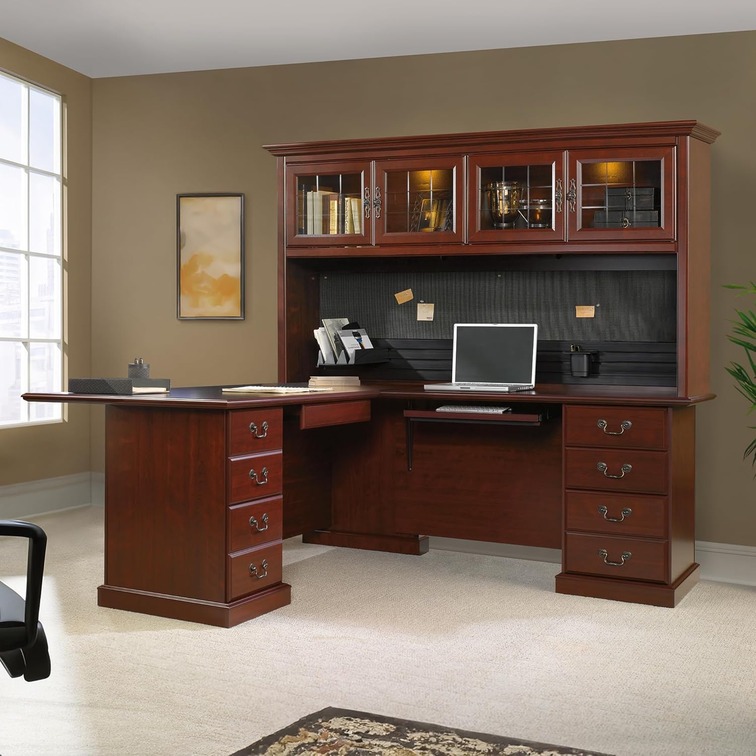 L-Shaped Desk with Office Hutch, Classic Cherry R42663
