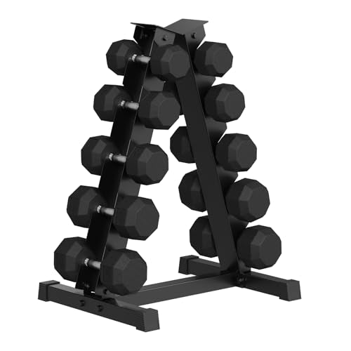 Rubber Coated Hex Dumbbell Weight Set With Rack B8179
