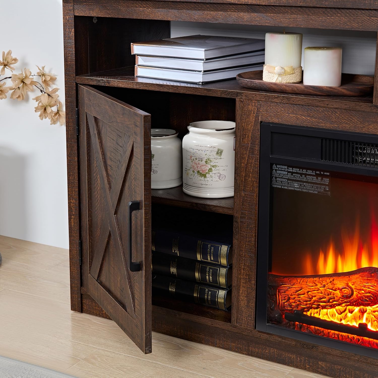 Farmhouse TV Media Stand with Fireplace Insert, Espresso I298258