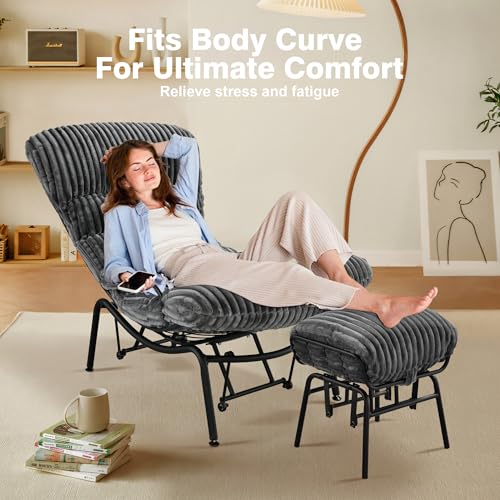 Grey Corduroy Rocking Chair with Ottoman Y784318