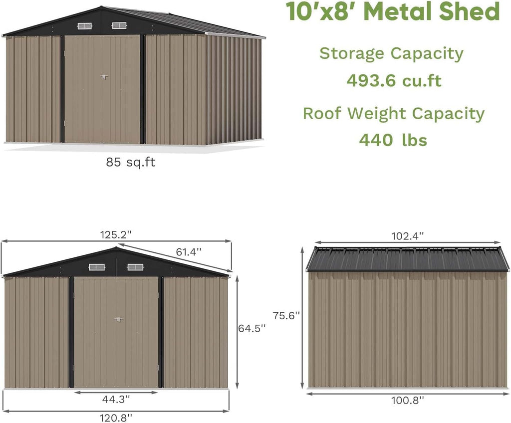 10 x 8 FT Metal Storage Shed with Sloping Roof and Double Lockable Door, Brown F4726