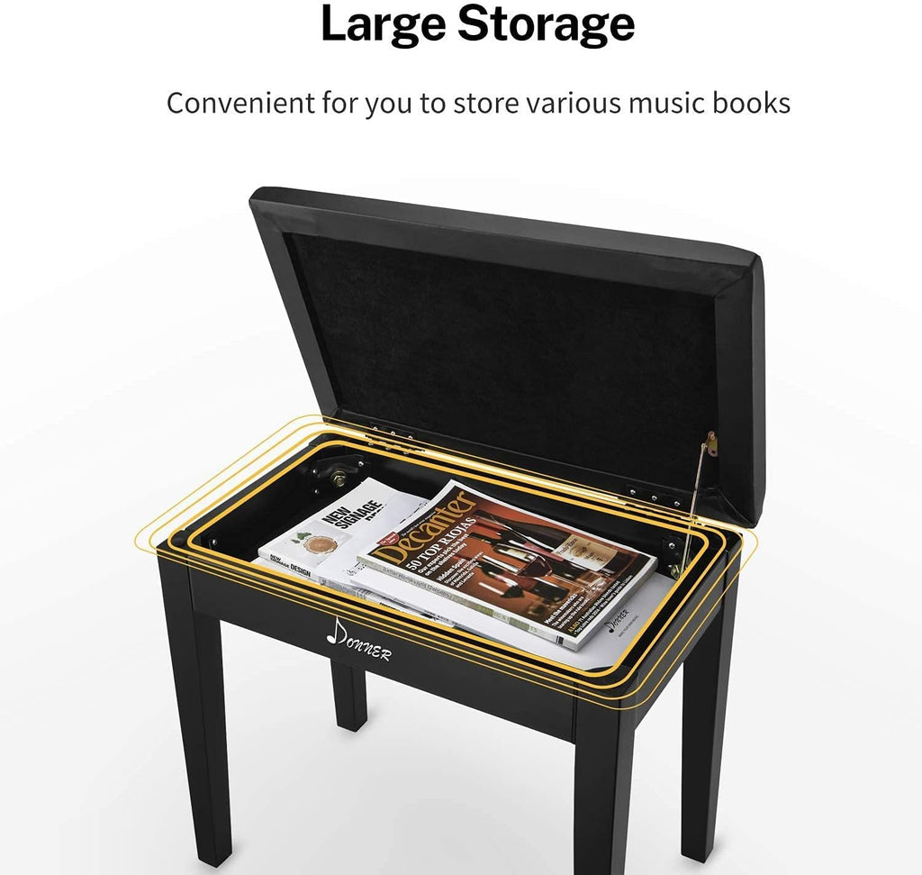 Black Solid Wood Piano Bench with Storage P895345