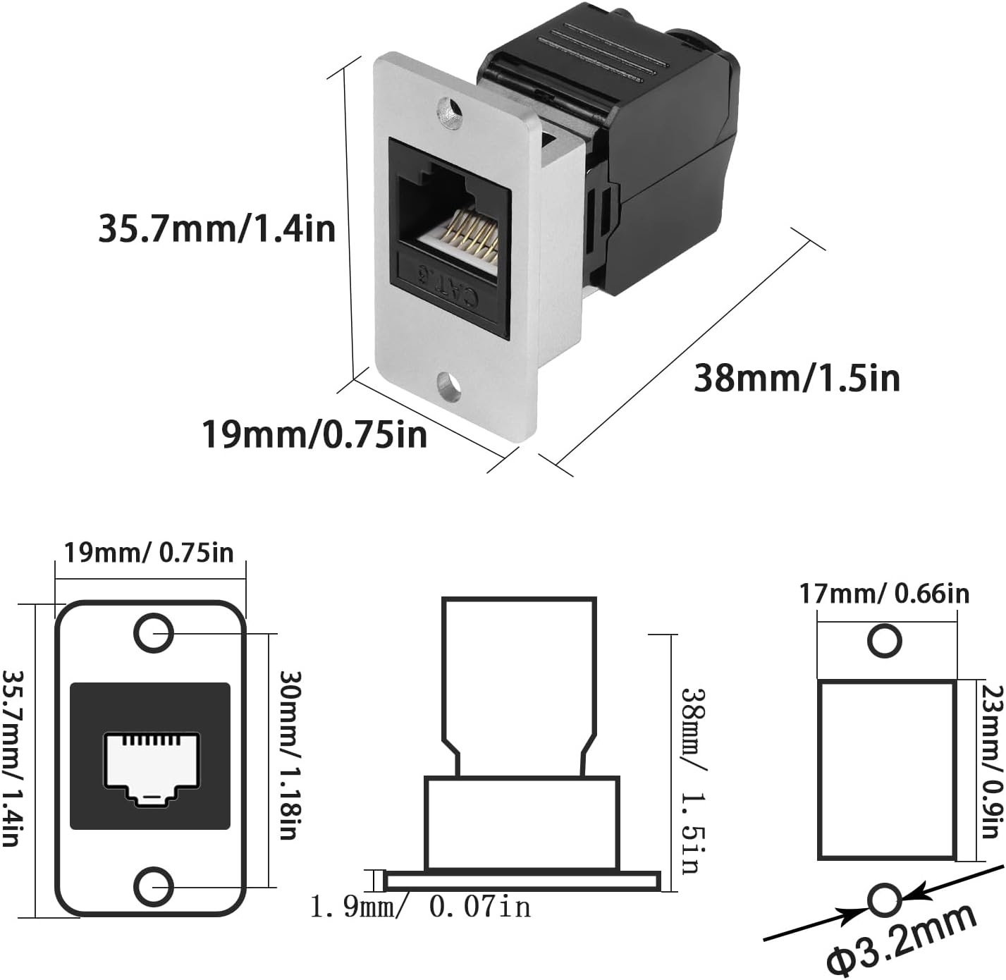 CAT6 RJ45 Female Panel Mount Ethernet Connector T3657