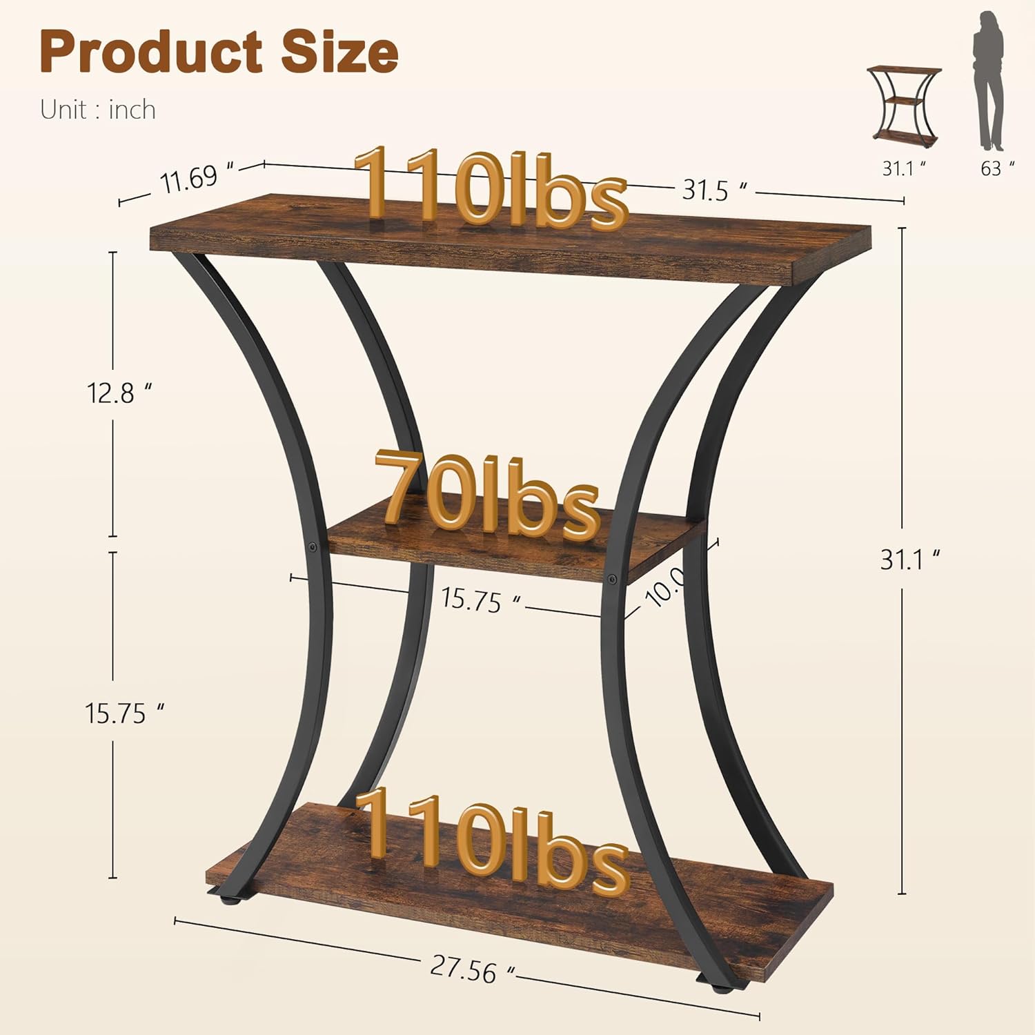 Rustic Brown+Black 3 Tier Console Table with Open Wood Shelves O949