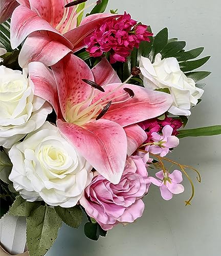 Vibrant Pink Lily and Rose Silk Flower Arrangement with Vase S876187