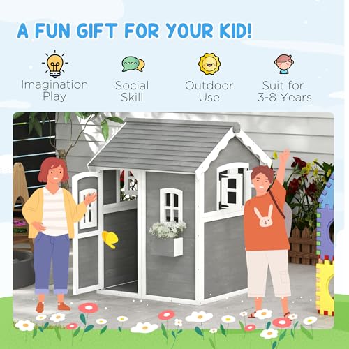 Gray Wooden Playhouse with Floor, Door, Windows & Planter Box F3061