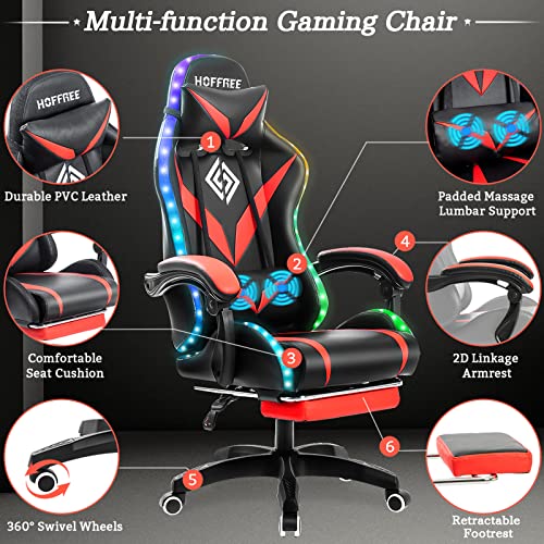 Blue and White Ergonomic Gaming Chair with Massage, LED Lights, Footrest, High Back, Reclining, Adjustable Lumbar Support B4781