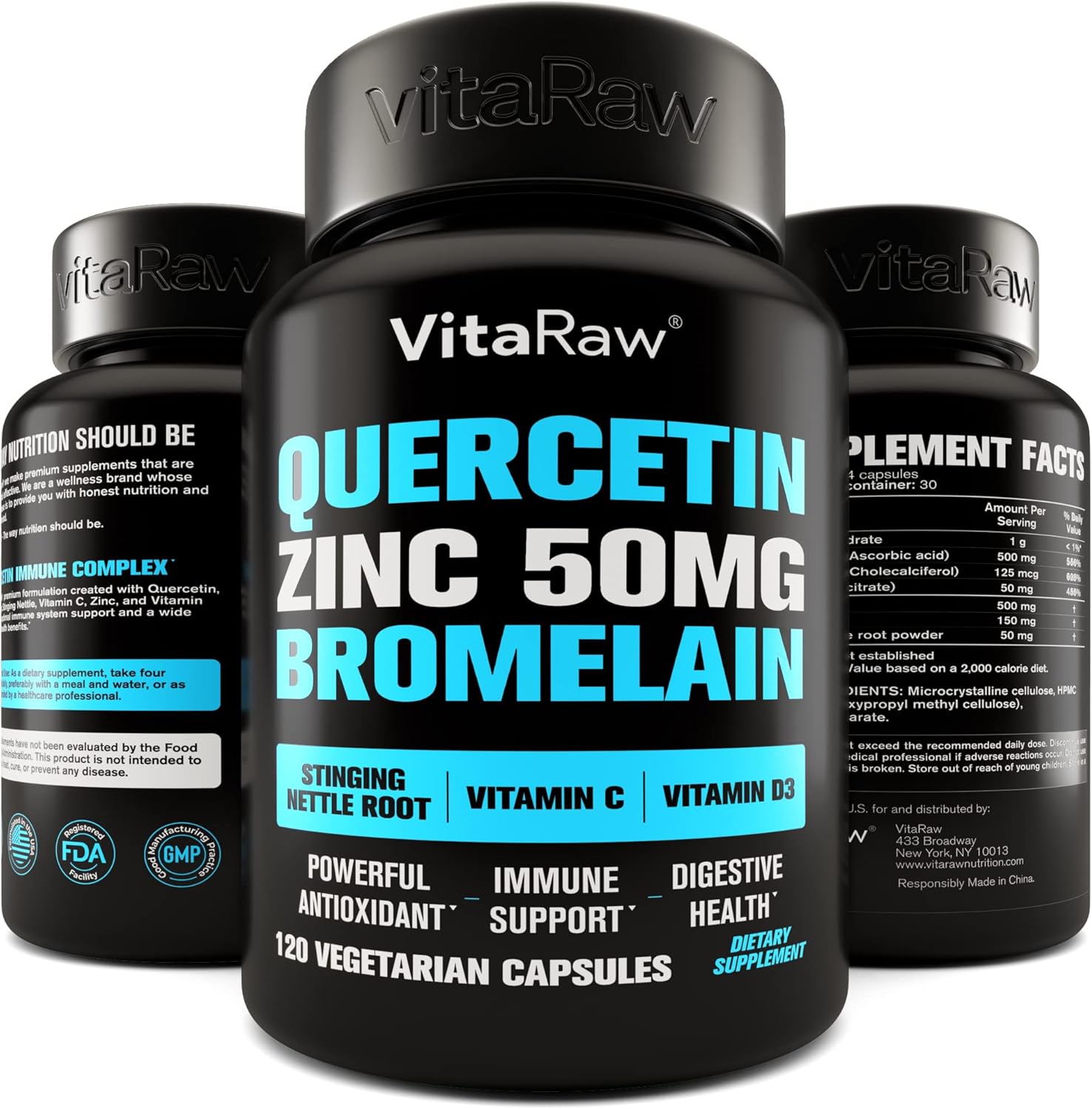 Quercetin with Bromelain 500mg Capsules, Vitamin C, Zinc 50mg, Vitamin D3 5000 IU D93027