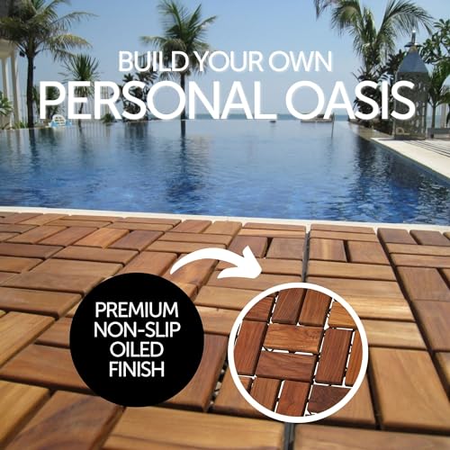 Teak Interlocking Tiles Wooden Floor Tile Set 10 Square Feet 12" x 12" 9 Slat Design Oiled Finish T619720