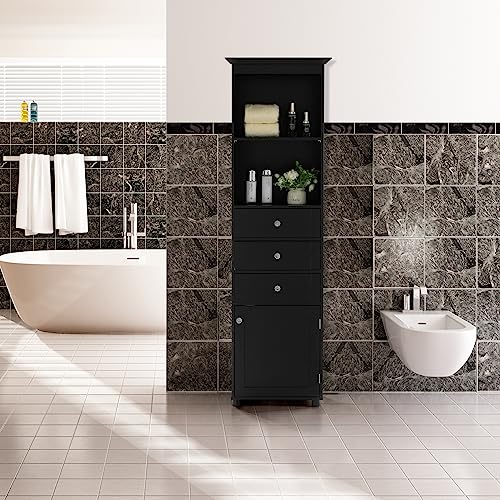 Black Tall Freestanding Storage Cabinet with 2 Open Shelves, 3 Drawers Y217107
