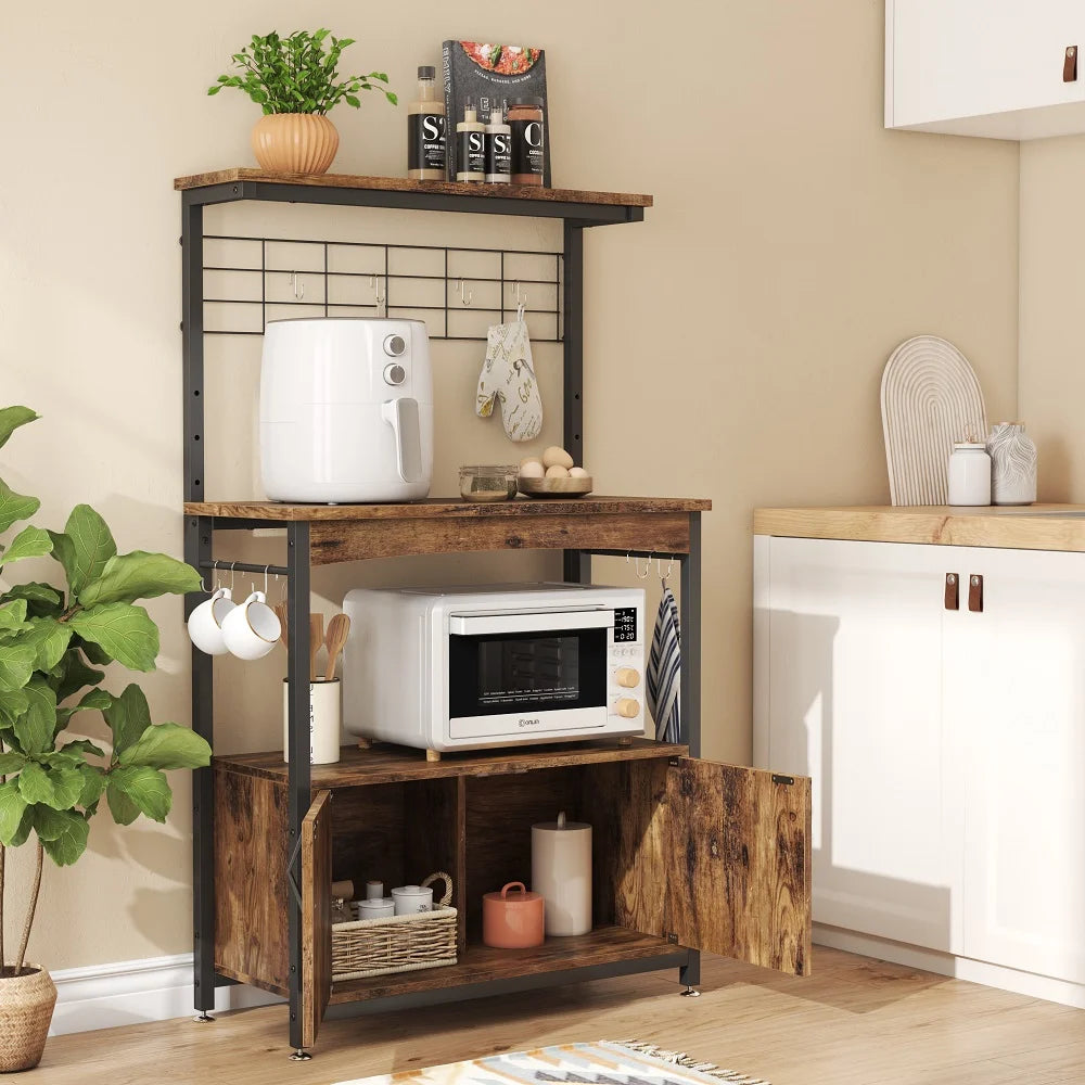 3-Tier Baker's Rack with Cabinet, Kitchen Storage Shelves, Microwave Oven Stand, Coffee Bar with Hooks in Rustic G17349
