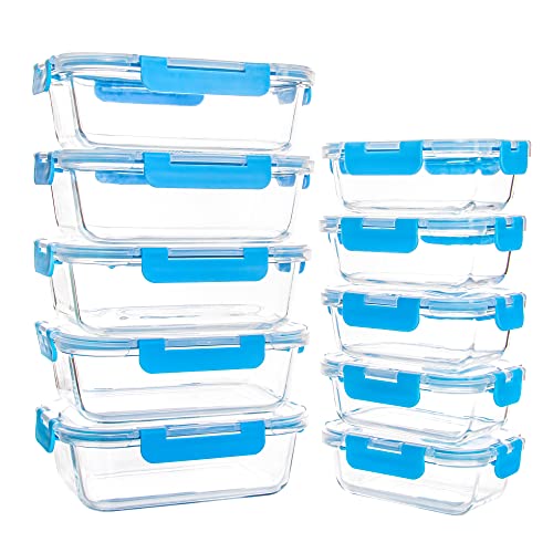 10 Pack Glass Food Storage Containers with Lids, Airtight, Leak Proof, Microwave & Freezer Safe (34oz & 12oz) J973