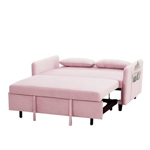 Pink Velvet Sleeper Sofa Couch Bed with Two Pillows I1282