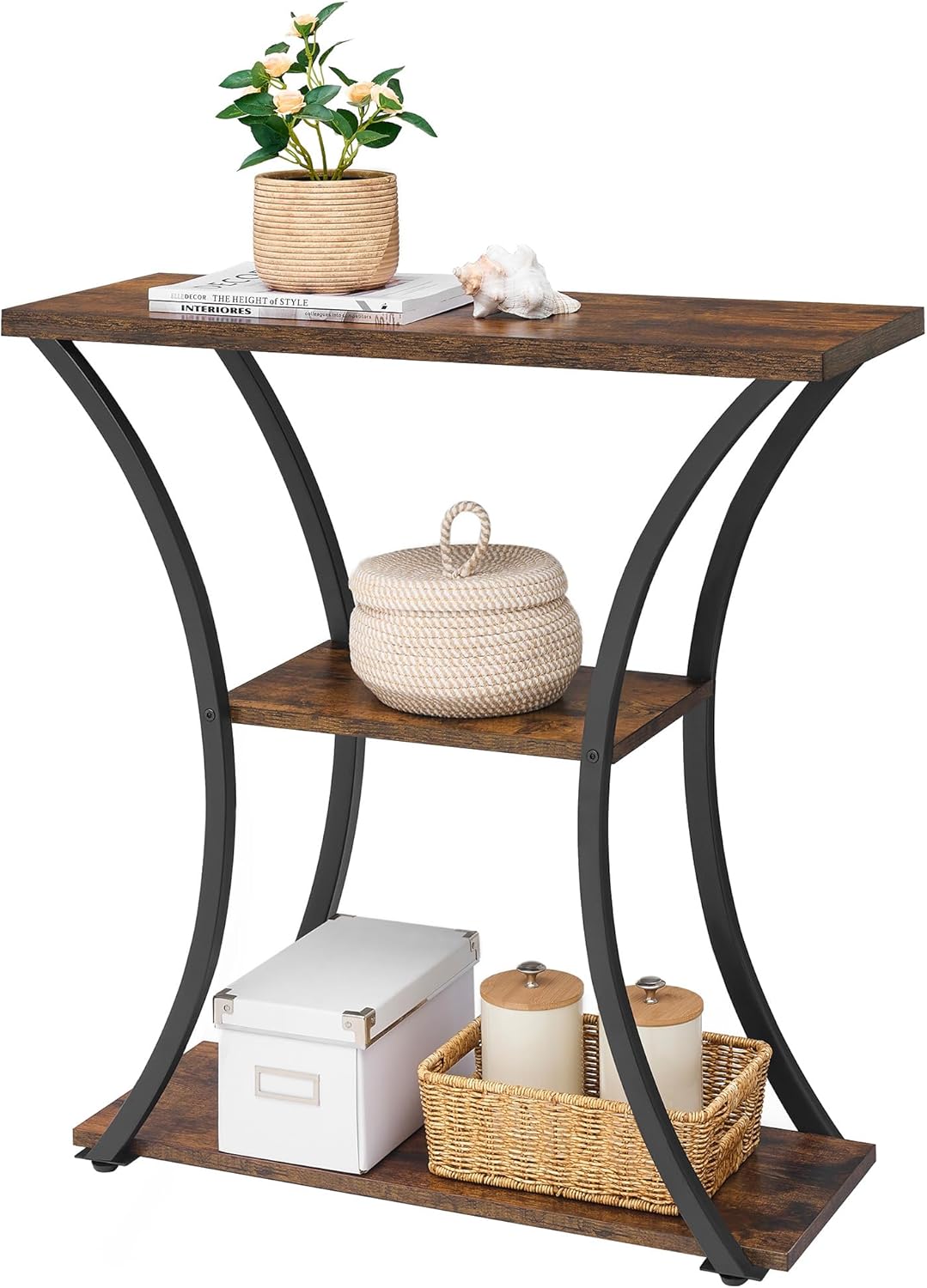 Rustic Brown+Black 3 Tier Console Table with Open Wood Shelves O949