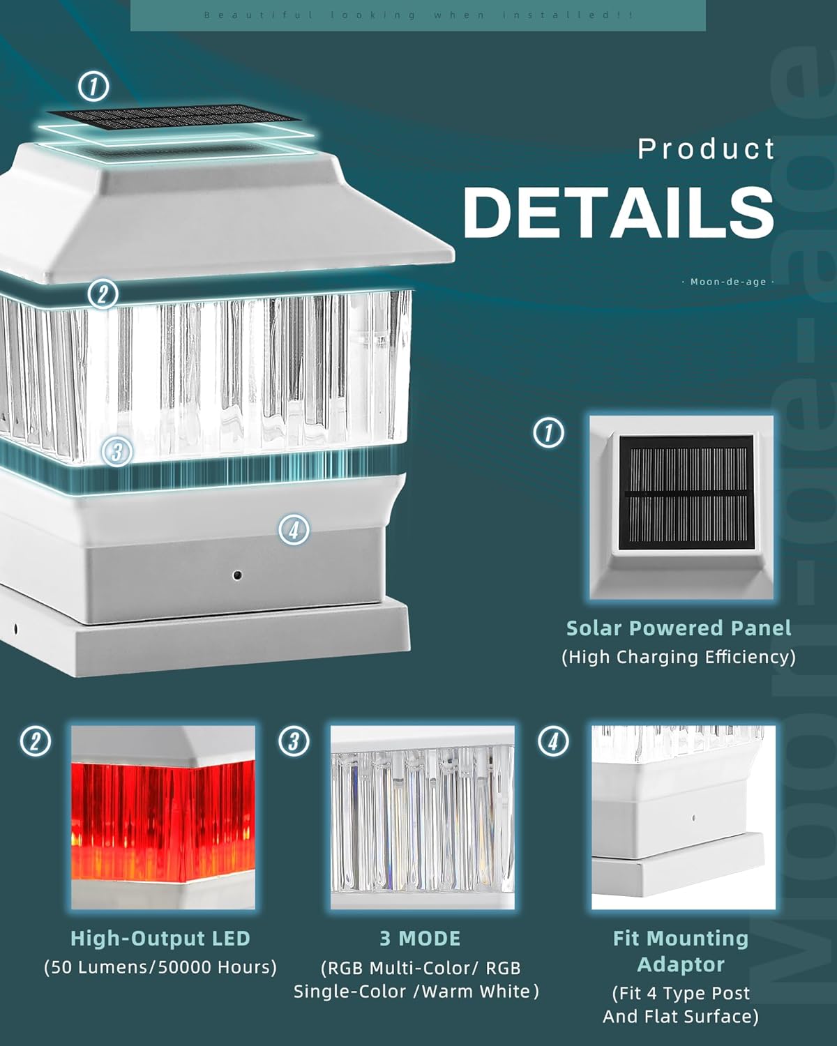 50 Lumen 3 Modes Solar Post Lights (1 Pack) and RGB & Warm Solar Post Cap Lights (1 Pack) D663