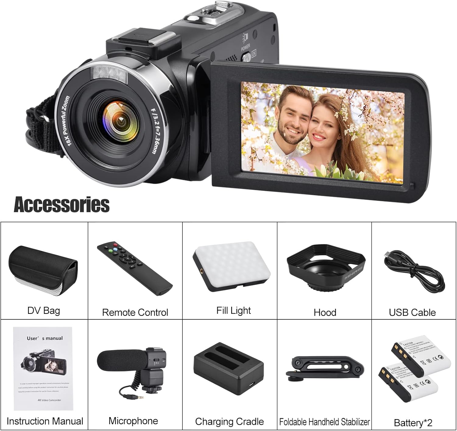 4K 48MP 3.0 Inch IPS Touch Screen Camcorder with Microphone and 2 Batteries (Black) G724213