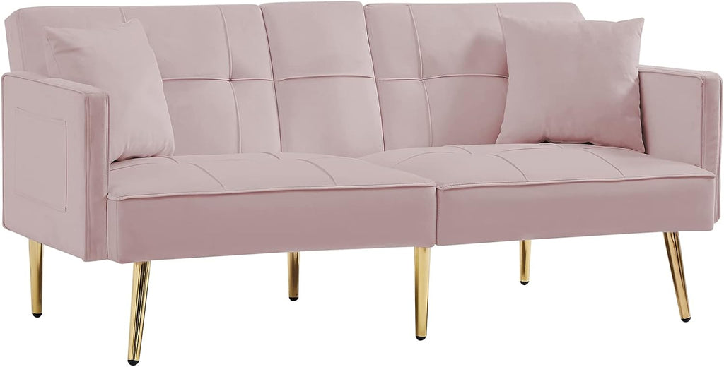 Pink Velvet Convertible Futon Loveseat Sofa Bed with 2 Cup Holders Y10250