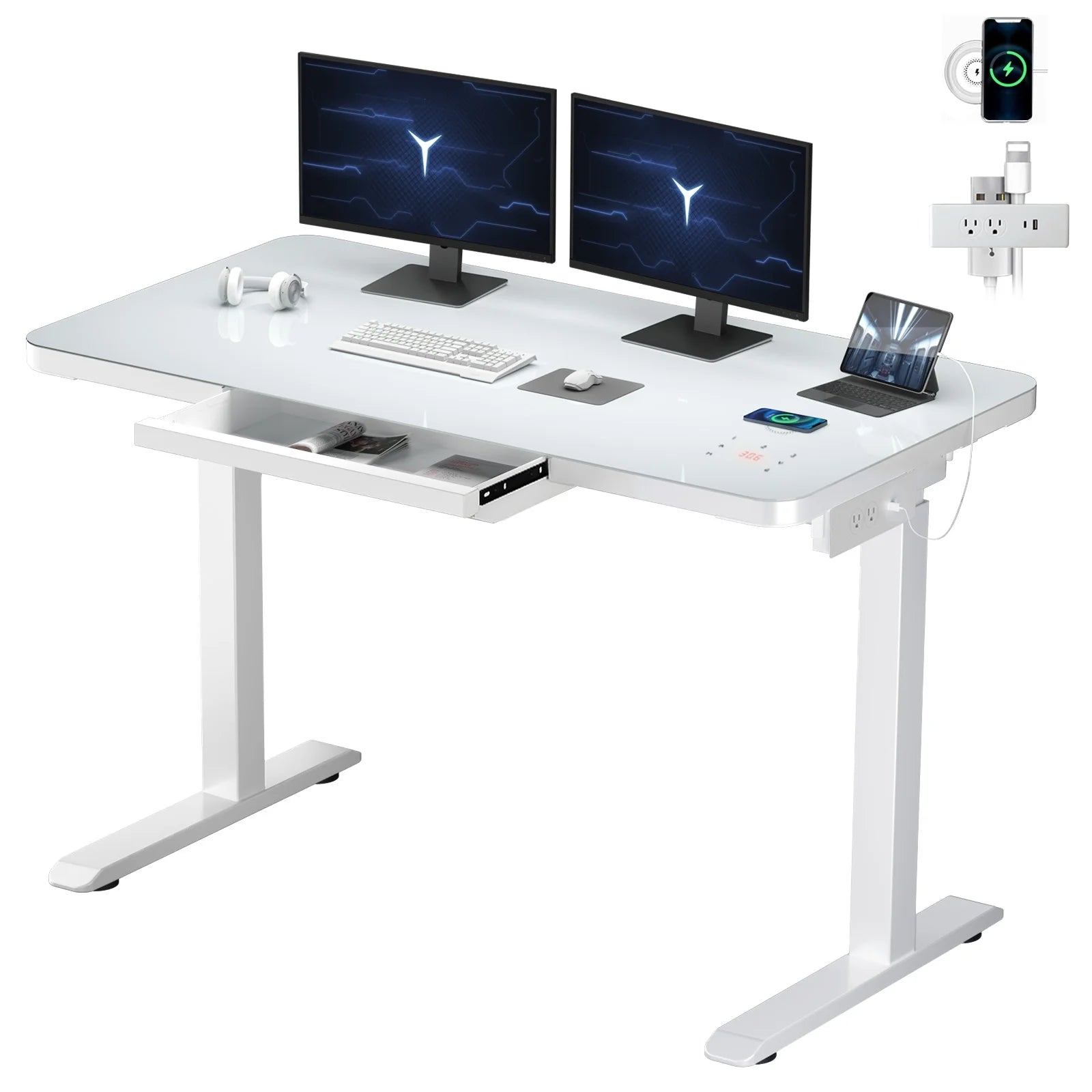 White Electric Glass Standing Desk with Drawers J703