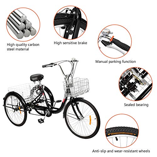 Adult Tricycle 7 Speed 24/26 Inch 3 Wheel Trike with Folding Front & Rear Basket B38096