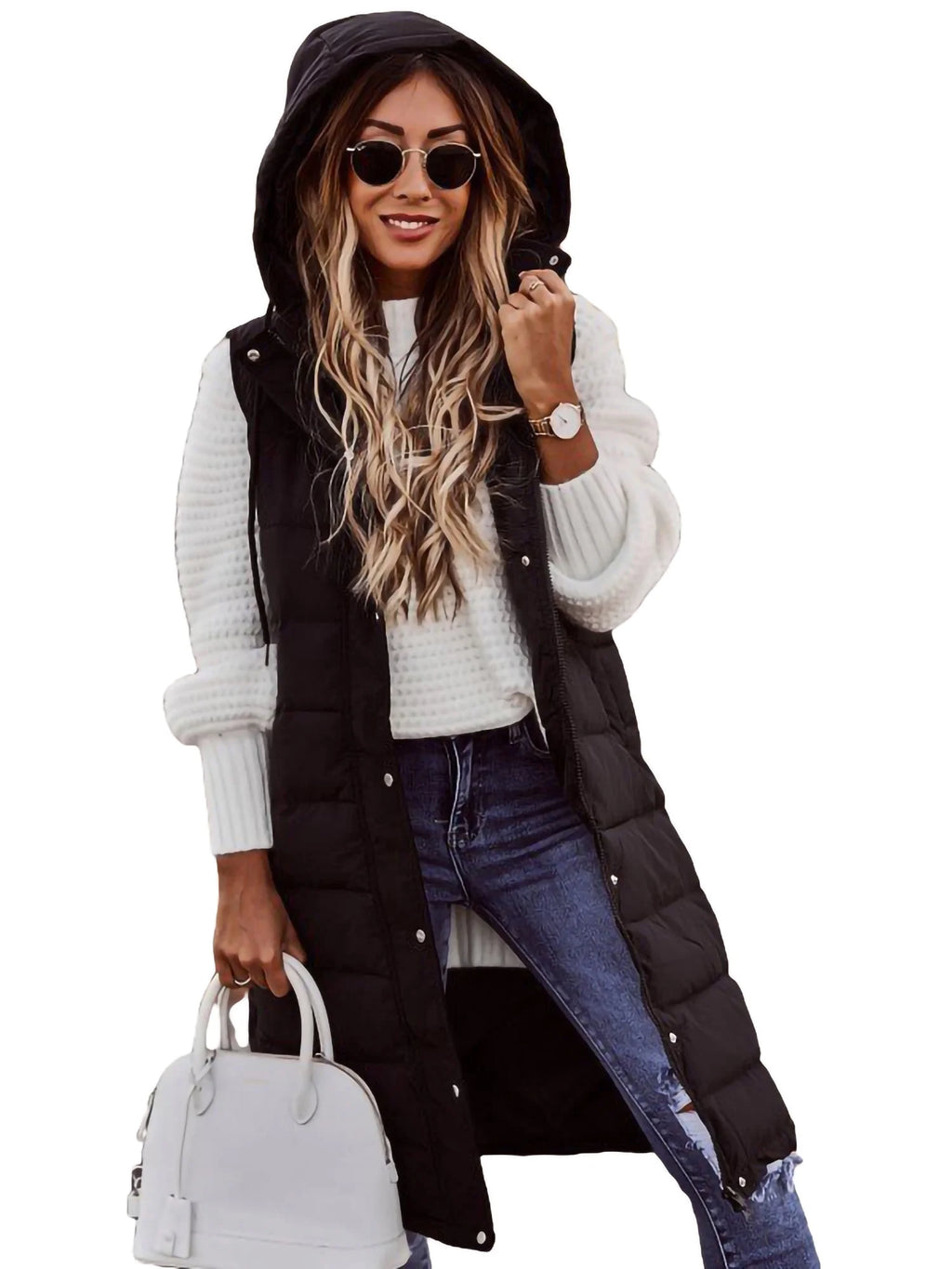 Black Hooded Long Padded Quilted Vest V98593