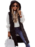 Black Hooded Long Padded Quilted Vest V98593