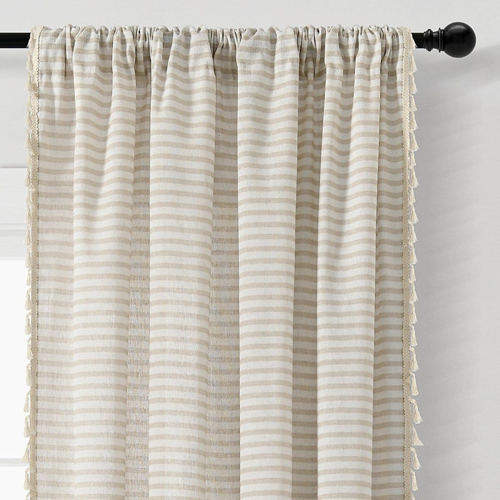 Boho Coastal Horizontal Ticking Stripe Tassel Window Curtain Panel Set