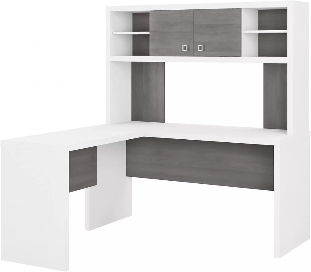 L-Shaped Desk with Hutch in Pure White & Gray I26701
