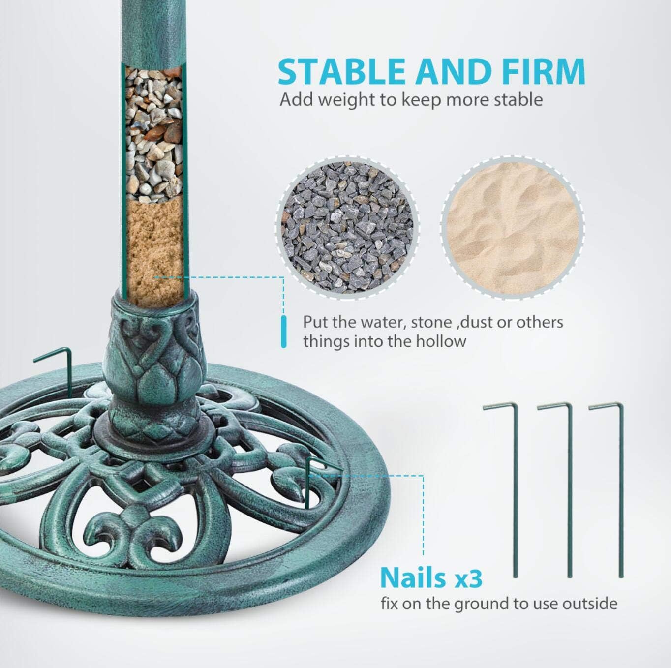 Green Garden Bird Bath and Solar Powered Round Pond Fountain with Wrought Iron Bird Cage with Rolling Stand I916931