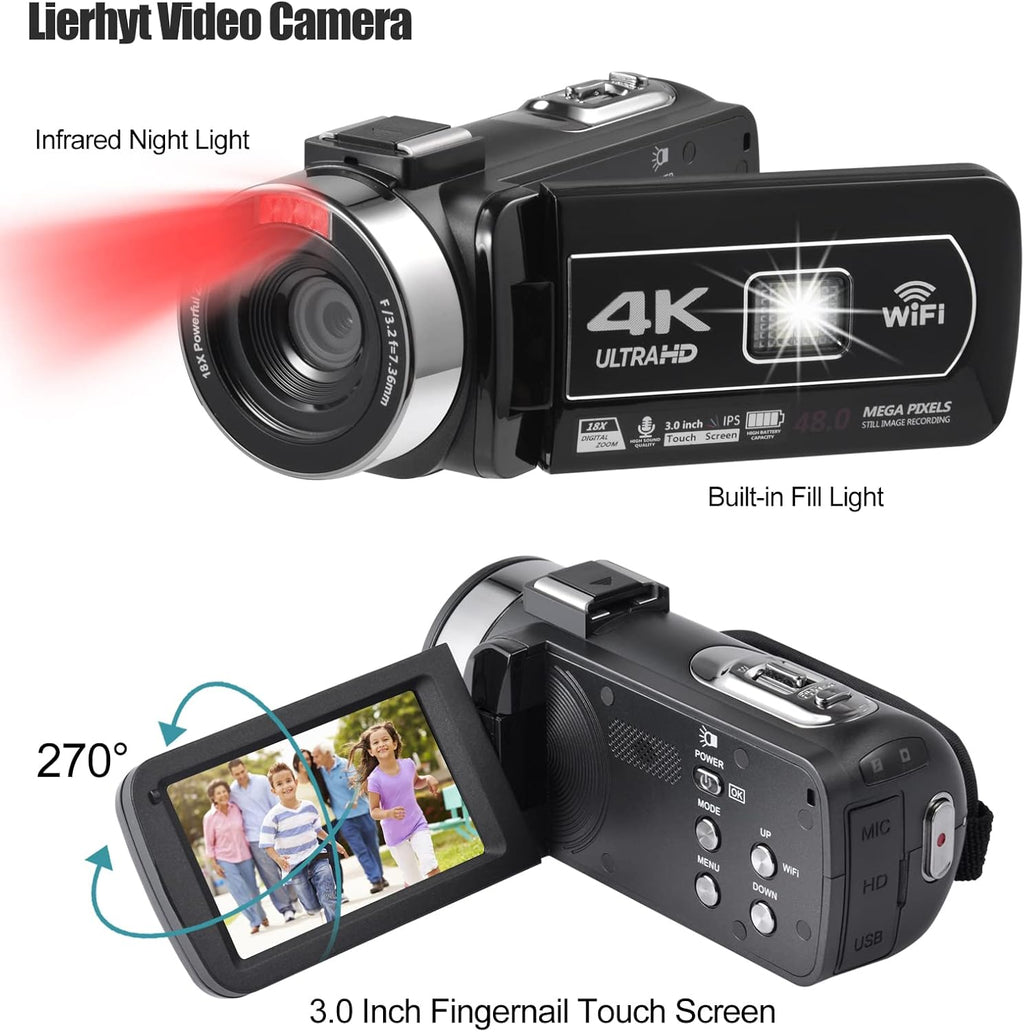 4K 48MP 3.0 Inch IPS Touch Screen Camcorder with Microphone and 2 Batteries (Black) G724213