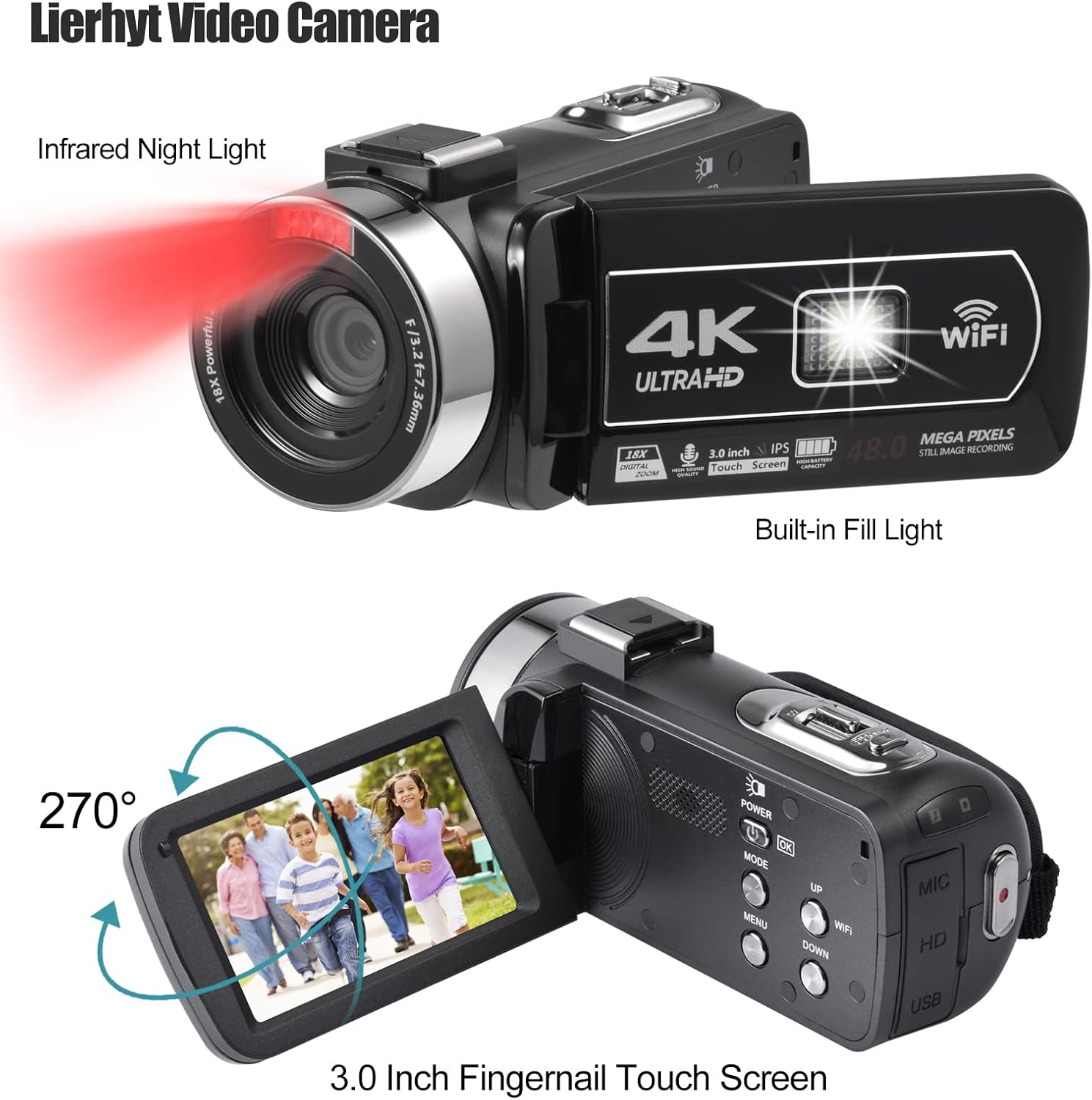 4K 48MP 3.0 Inch IPS Touch Screen Camcorder with Microphone and 2 Batteries (Black) G724213