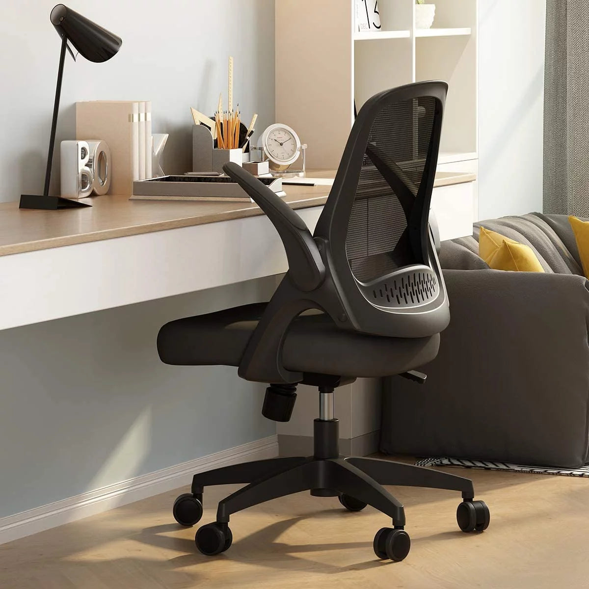 Black Swivel Desk Chair with Flip-up Arms and Adjustable Height X986