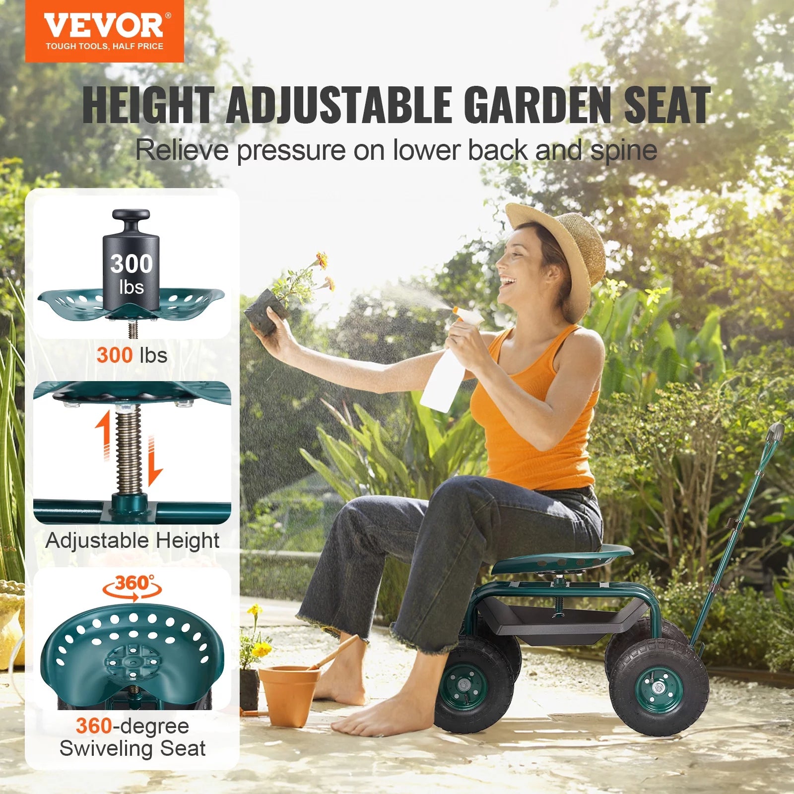 Garden Cart Rolling Workseat with Wheels, 360 Degree Swivel Seat, Steering Handle & Utility Tool Tray Y6931