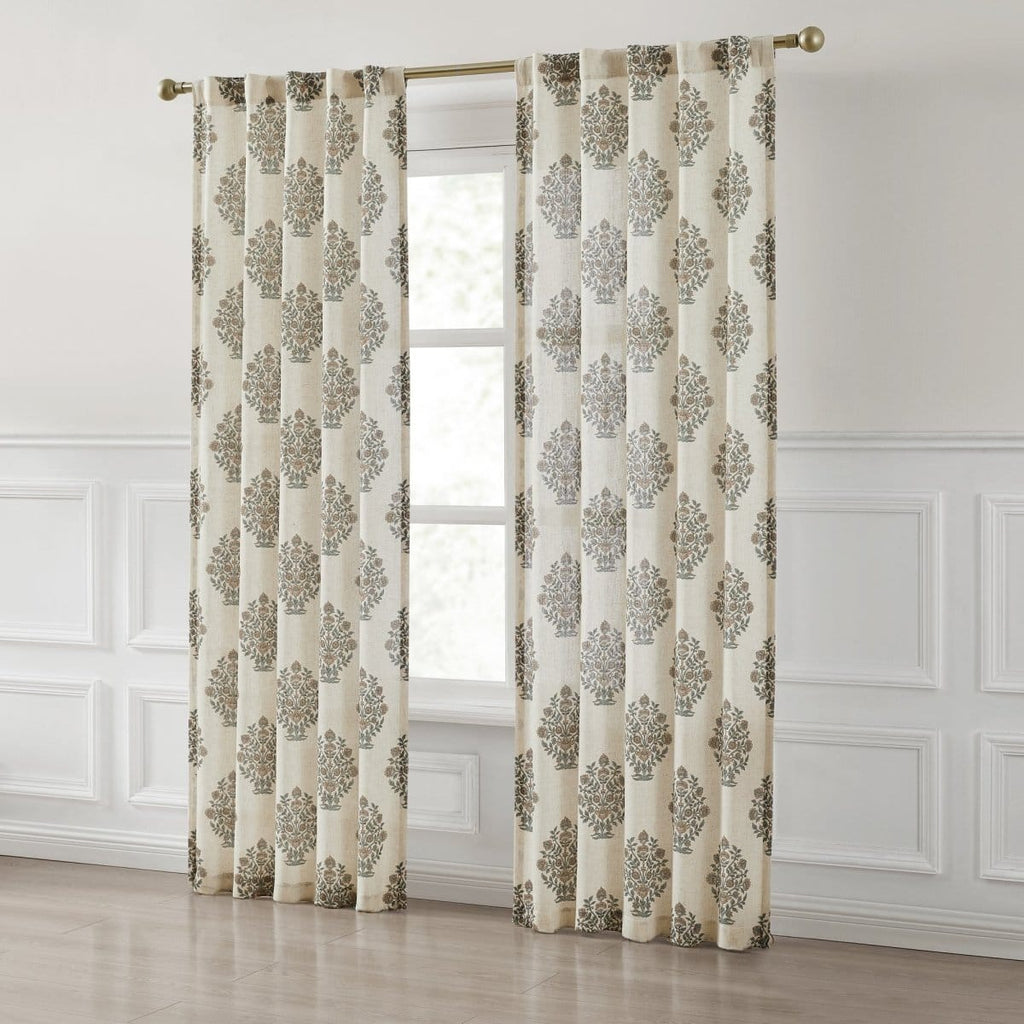 Sofia Flower Block Bouquet Linen Textured Window Curtain Panels