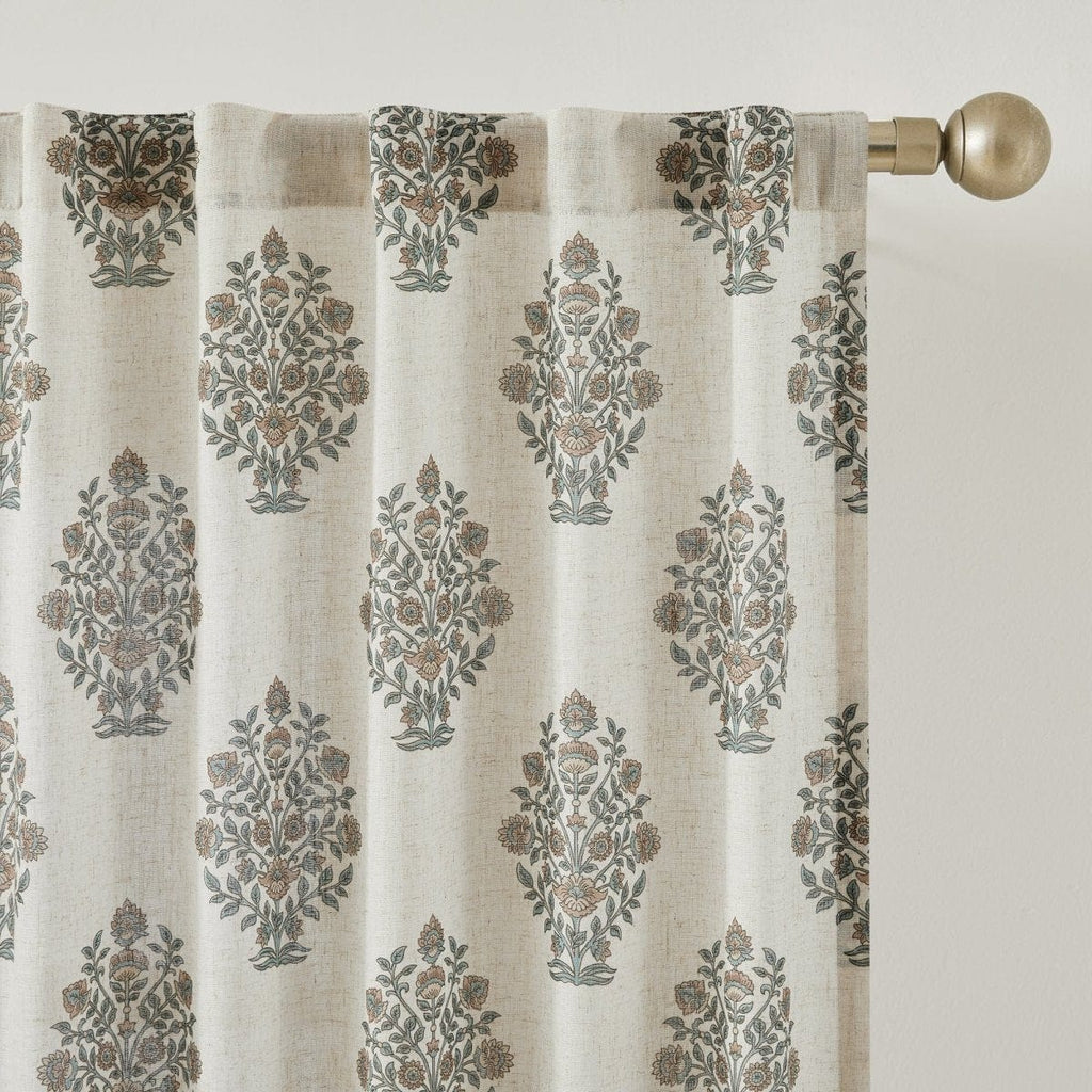 Sofia Flower Block Bouquet Linen Textured Window Curtain Panels