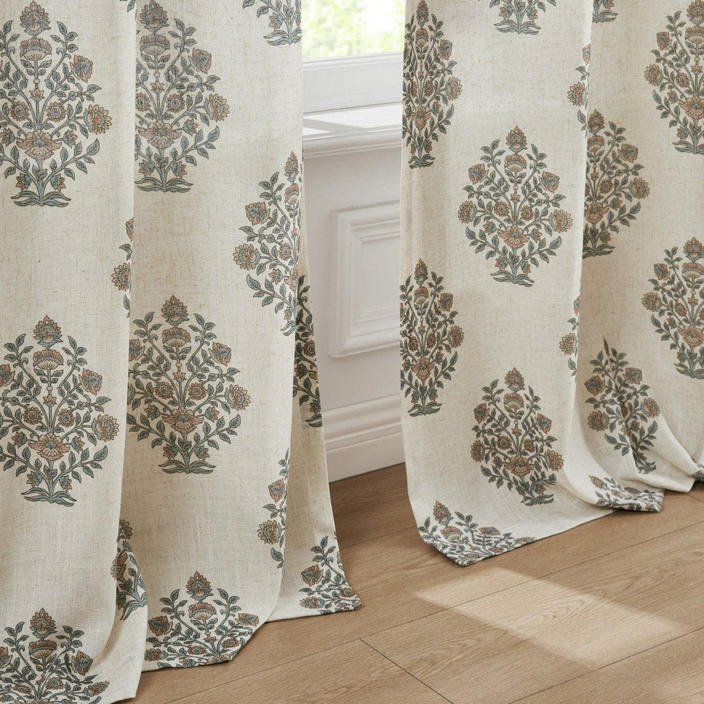 Sofia Flower Block Bouquet Linen Textured Window Curtain Panels