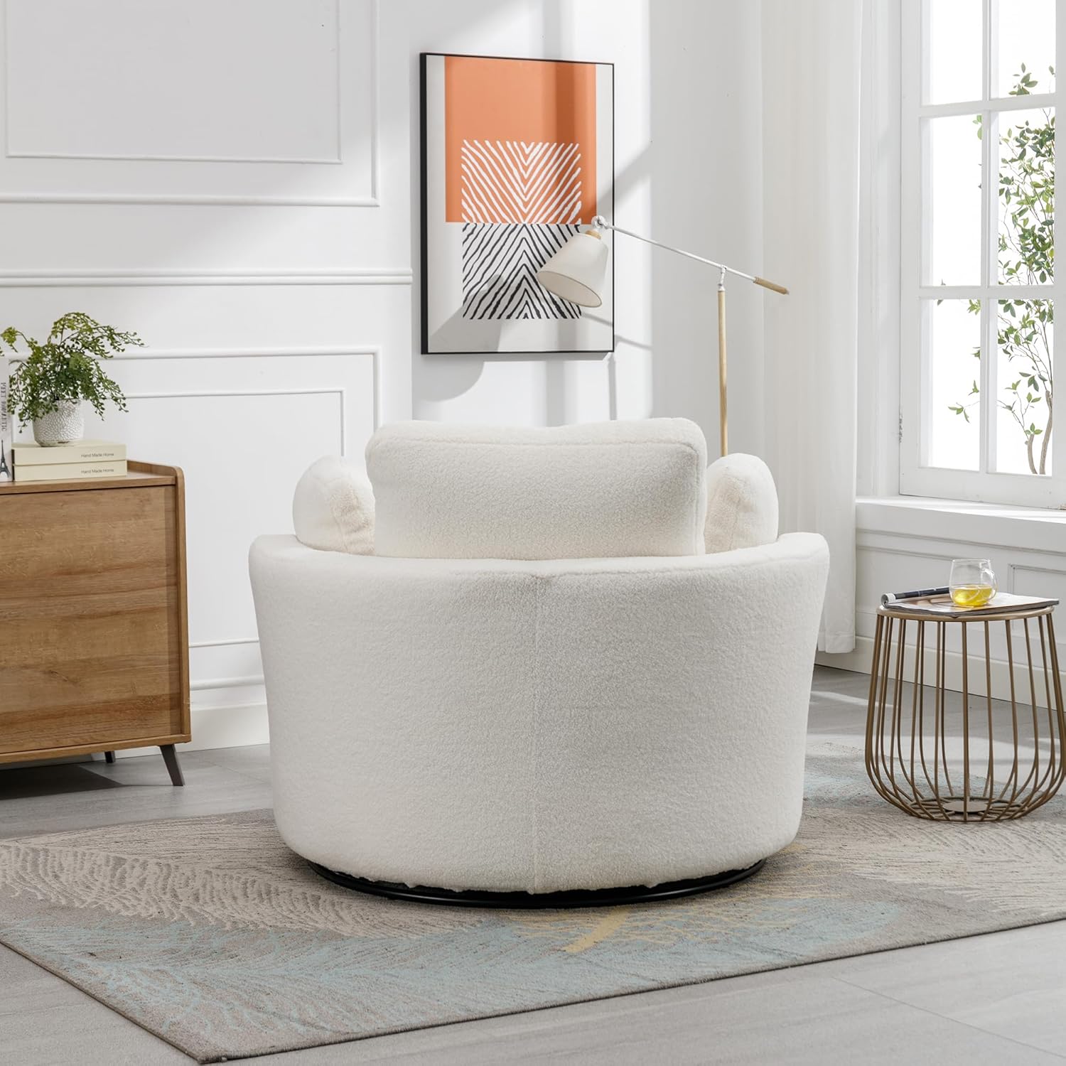 Ivory Sherpa Oversized Swivel Accent Barrel Chair W474964