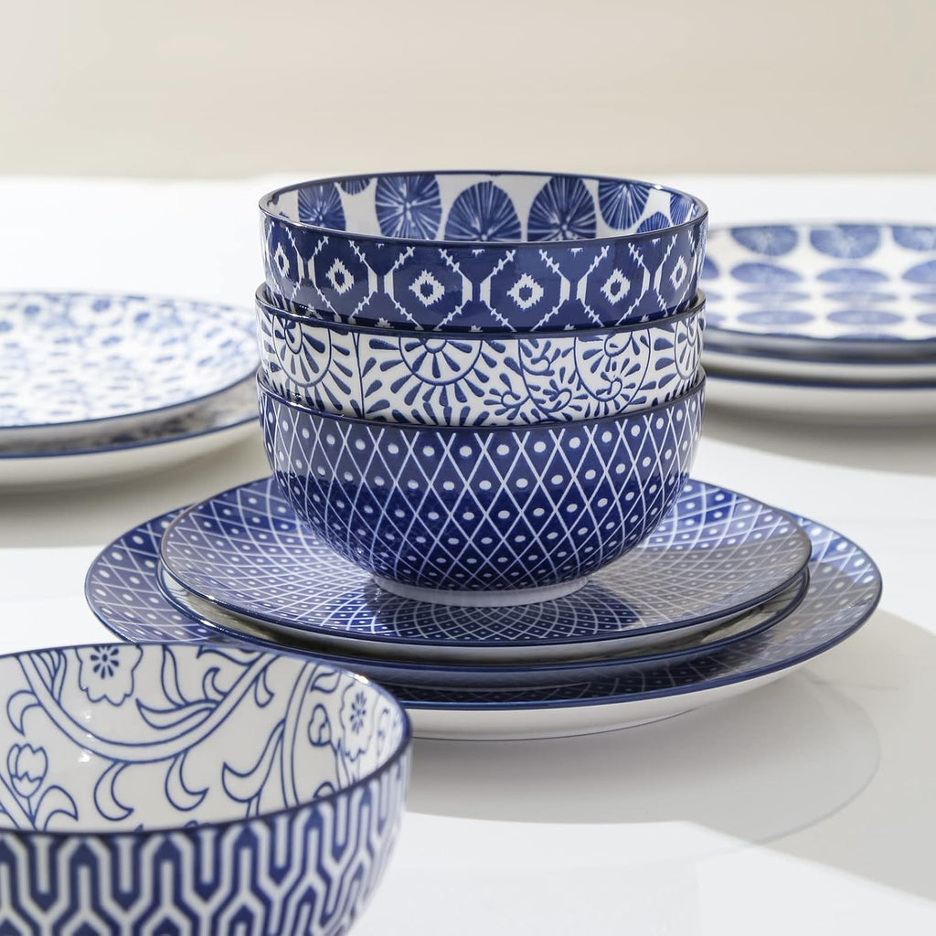 12 Piece Ceramic Dinnerware Set with 8 OZ Cappuccino Cup and Saucers, Vintage Blue E701610