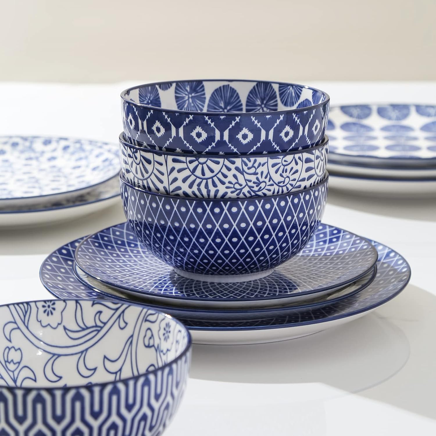 12 Piece Ceramic Dinnerware Set with 8 OZ Cappuccino Cup and Saucers, Vintage Blue E701610