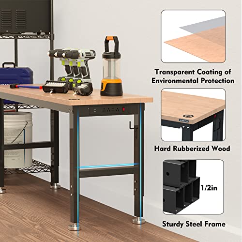 60" Adjustable Rubber Wood Top Heavy-Duty Workbench with Power Outlets Z7545