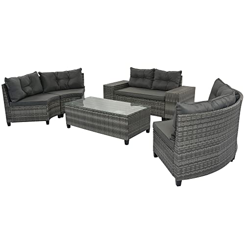 8 Piece Half Moon Sectional Patio Furniture Set with Washable Cushions and Glass Coffee Table T337